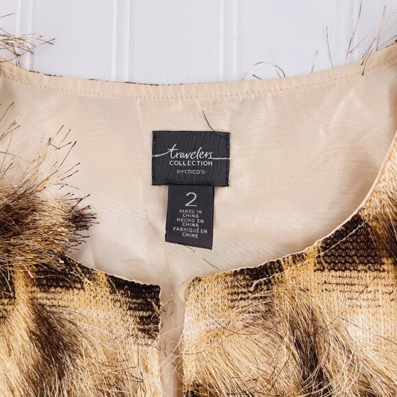 Chicos Travelers‎ Collection Faux Fur Vest Size 2 Beige & Brown sz Large - Picture 2 of 5